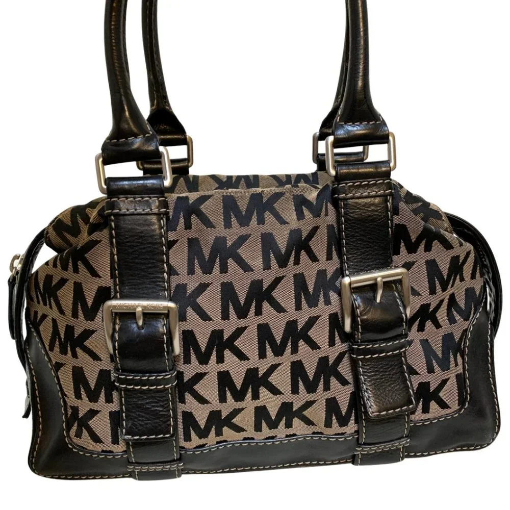 SOLD! MICHAEL KORS Black & White Signature Canvas Buckle-Trimmed Satchel - Picture 13 of 13